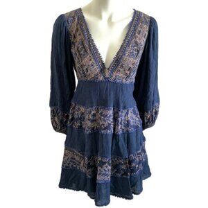 Free People My Love Mini Dress Blue Blouson Sleeves V-neck S